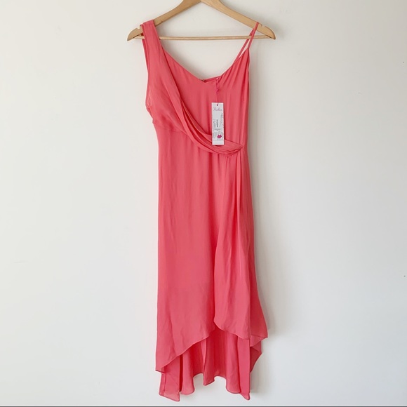 Parker Pippy Asymmetrical Silk Blend Coral Dress - Picture 3 of 8
